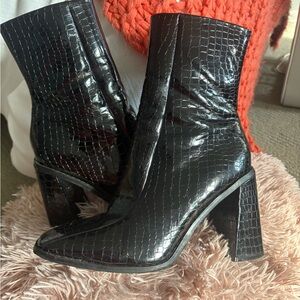 Black Faux Croc Snake Embossed Boots